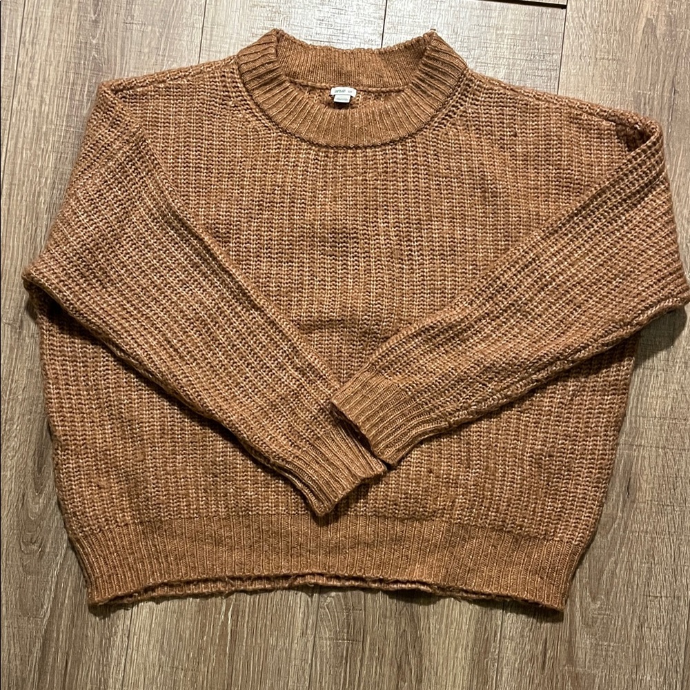 aerie Cozy Waffle Knit Crewneck Sweater in Rust Brown